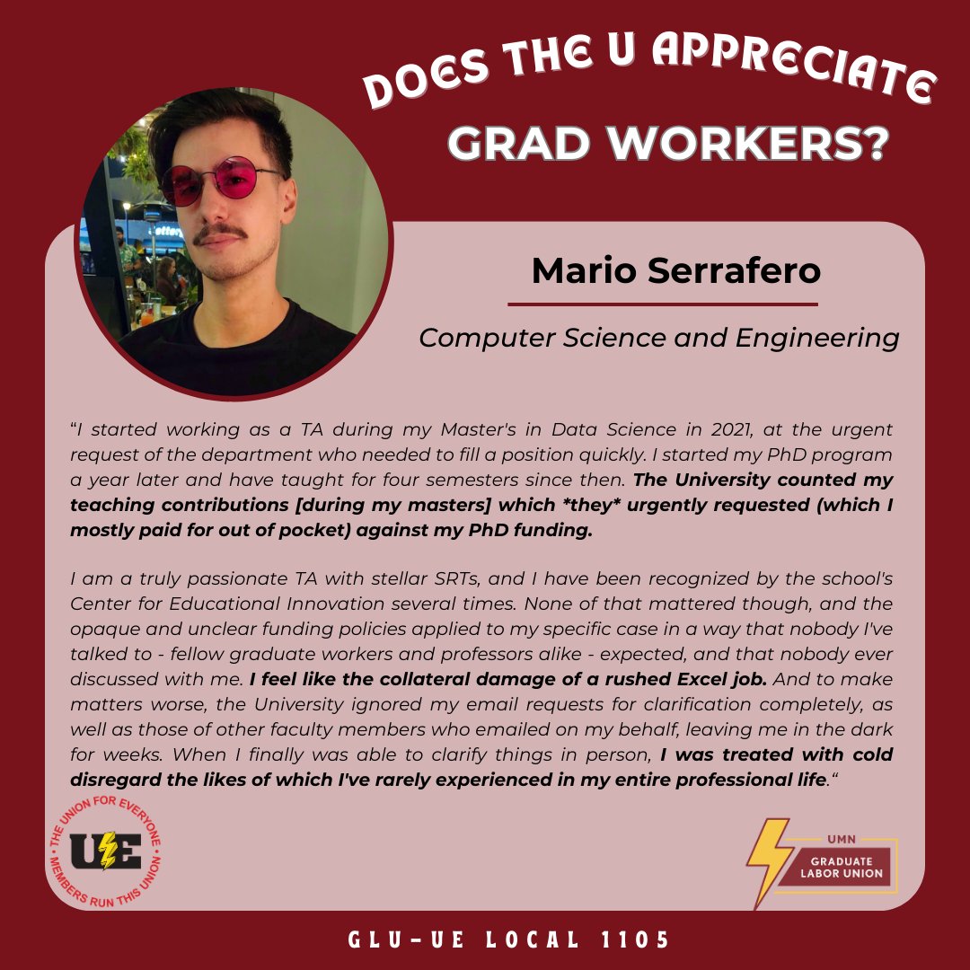 It is grad student appreciation week at the UMN. Grad workers are sharing if they feel appreciated in their workplaces. We will be sharing responses throughout the week. Share you thoughts here: forms.gle/1XjRdbaMyTE1sH…