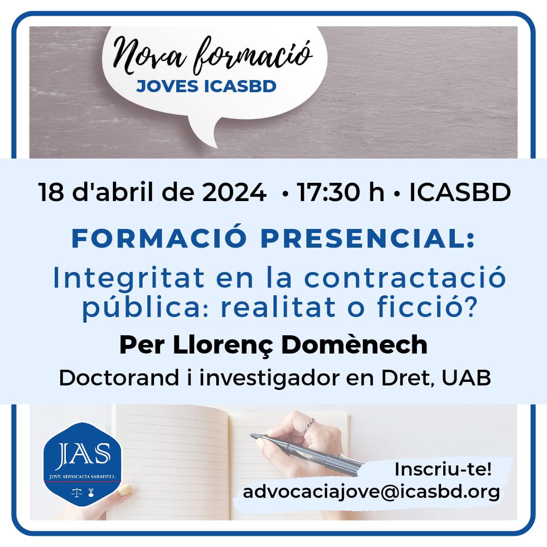 Propera formació de Joves ICASBD:

📅 18/04/2024 a les 17:30
📍 Presencial a la seu <a href="/icasbd/">Advocacia Sabadell</a> 
🗣️ Llorenç Domènech
👉🏻 Apunta’t a advocaciajove@icasbd.org