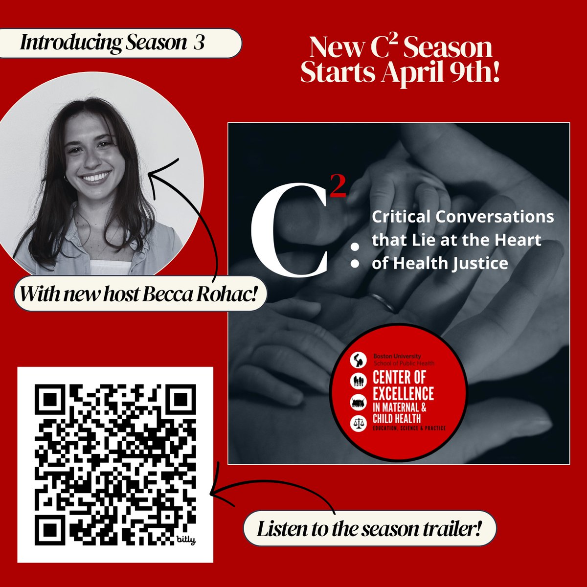 🎙️Exciting news! Season 3 of C2 is here! Join new host and MPH student Becca Rohac as she explores topics at the forefront of public health and maternal and child health each month. Listen to the season trailer here or with the QR code! bit.ly/C2Podcast_BUSP…
 <a href="/BUSPH/">Boston University School of Public Health</a> <a href="/BU_Tweets/">Boston University</a>