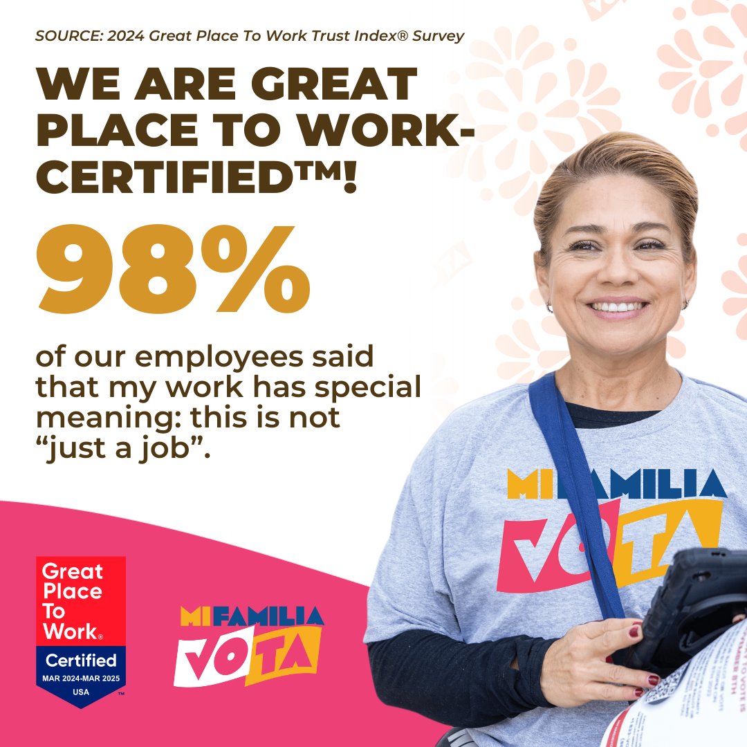 🌟 MFV is run by and built for our communities to strengthen Latino power and we are proud to announce that we have been certified as a Great Place To Work based entirely on employees' reports about their work experience. @GPTW_US Read more: mifamiliaenaccion.org/as-the-2024-el…