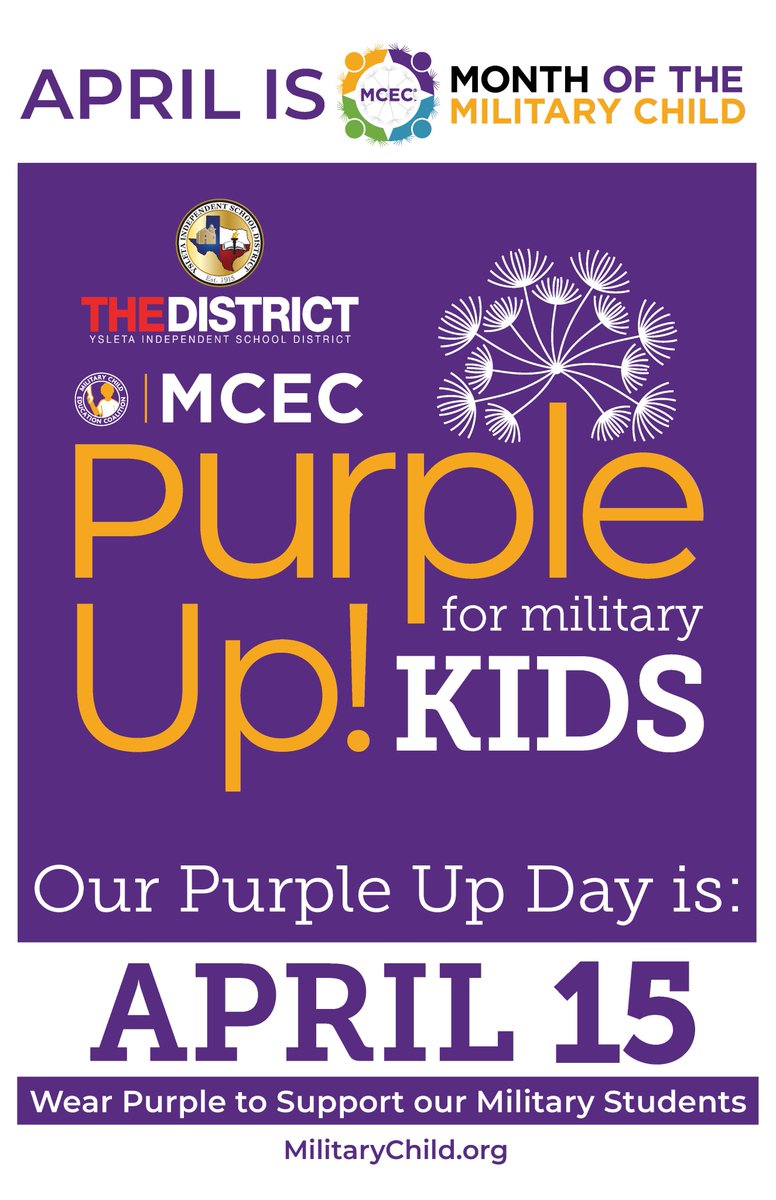 Happy Month of the Military Child! We're celebrating amazing, strong, and brave military kids all month long! 💜 #MonthoftheMilitaryChild Please wear PURPLE on Fridays for the Month of April & Monday, April 15th! 💜 @SagelandMicro @AVillanueva_AP @MicaelaMoncada3 @YsletaISD