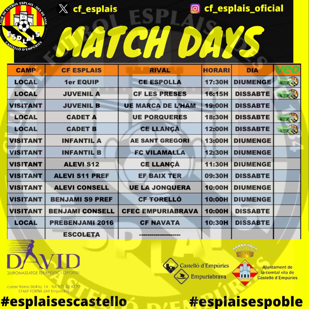 💥 𝑷𝑨𝑹𝑻𝑰𝑻𝑺 𝑫𝑬𝑳 𝑪𝑨𝑷 𝑫𝑬 𝑺𝑬𝑻𝑴𝑨𝑵𝑨!!💛🖤

▪️Partits del Cap de Setmana, 6/7 d'Abril.⚽️

▪️Després d'uns dies de vacances, enfilem la recta final de la Temporada. 

𝐒𝐎𝐌-𝐇𝐈!! 💛🖤

#futbolbase
#esplaisescastello
#esplaisespoble
#castellodempuries
#empuriabrava