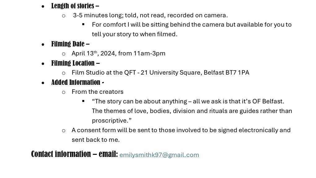 Hello - if you can support this project with a Belfast story please do.🤗 It’s really important to record the experiences of us “ordinary folk”. ❤️ That’s what tenx9 has always been about so if you can, get in touch with Emily.👋🏼 She’ll give you tea! ☕️ #Belfast #qft #story