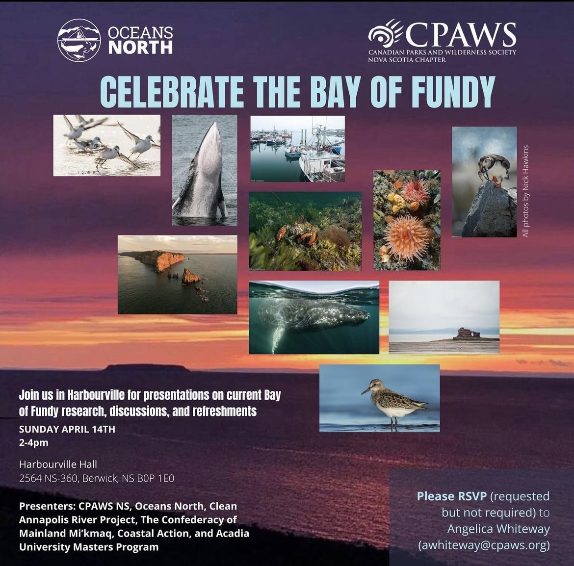 Join @CPAWSnovascotia and Oceans North in Harbourville, NS on April 14th for talks about the Bay of Fundy! We have an excellent lineup of presenters from Clean Annapolis River Project, @thecmmns, @coastalaction, and the @AcadiaU Masters Program: