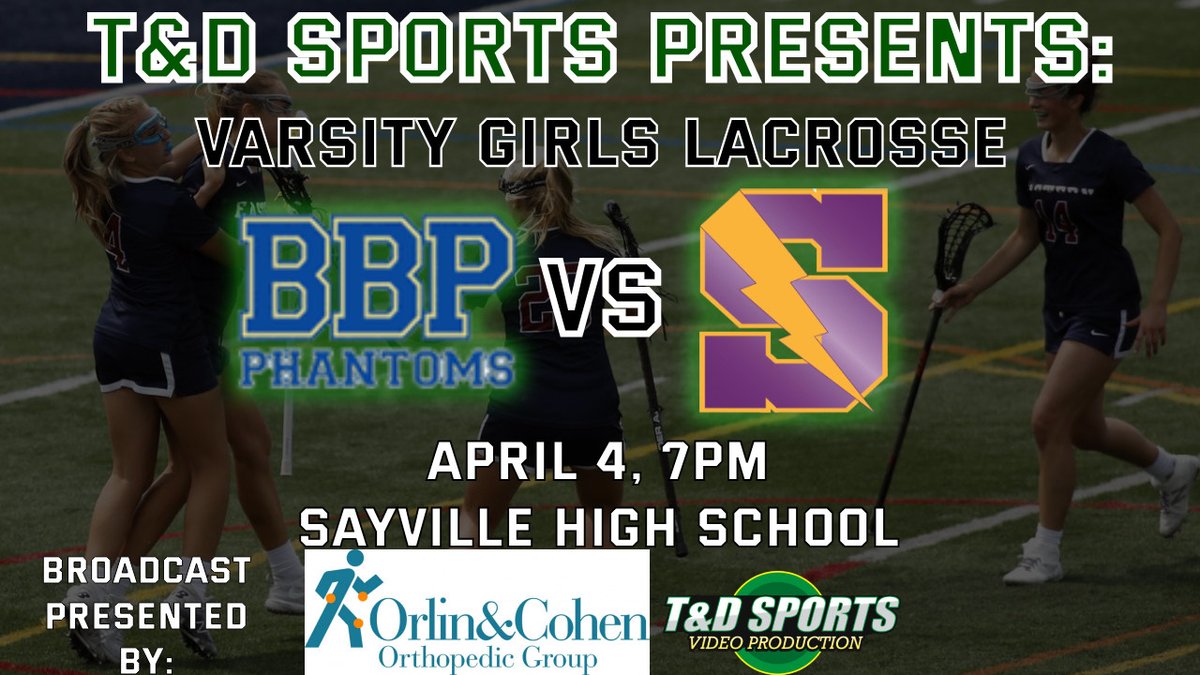 T & D Sports Video Productions (@tdsportsvideo) on Twitter photo This Thursday, April 4, at 7 PM watch Bayport Blue Point vs Sayville girls varsity lacrosse action broadcast live and free on Youtube. Broadcast brought to you by <a href="/OCSportsMed/">ORLIN & COHEN SPORTS MED</a>
Click the link below. youtube.com/live/VgQuudcKq… This Thursday, April 4, at 7 PM watch Bayport Blue Point vs Sayville girls varsity lacrosse action broadcast live and free on Youtube. Broadcast brought to you by <a href="/OCSportsMed/">ORLIN & COHEN SPORTS MED</a>
Click the link below. youtube.com/live/VgQuudcKq…