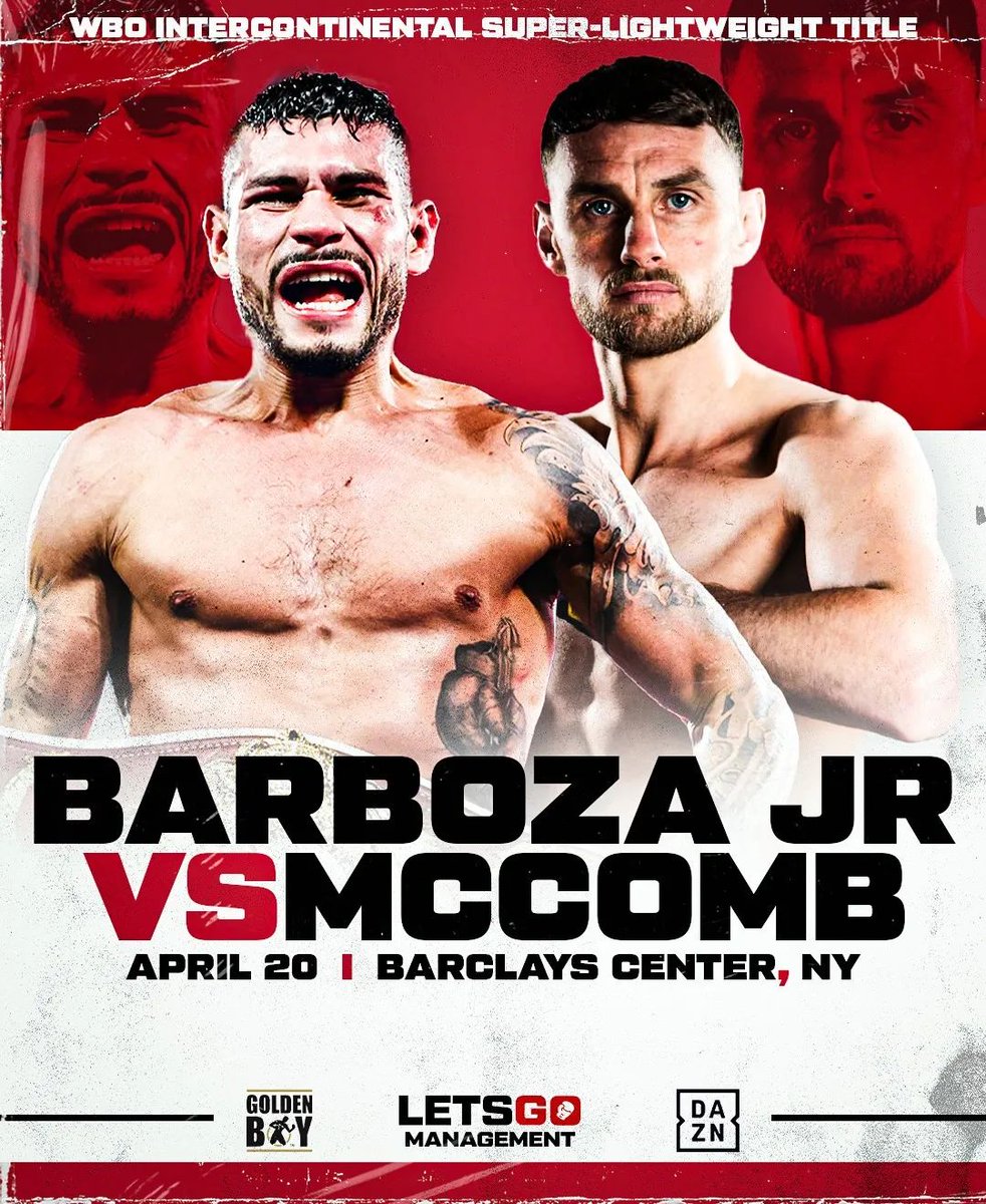 It's official! @jrBarbozaArnold v @sugarseantl for the WBO Inter-contential Super lightweight title April 20th at the Barclays centre in New York as co main event to #HaneyGarcia #BarbozaMcComb