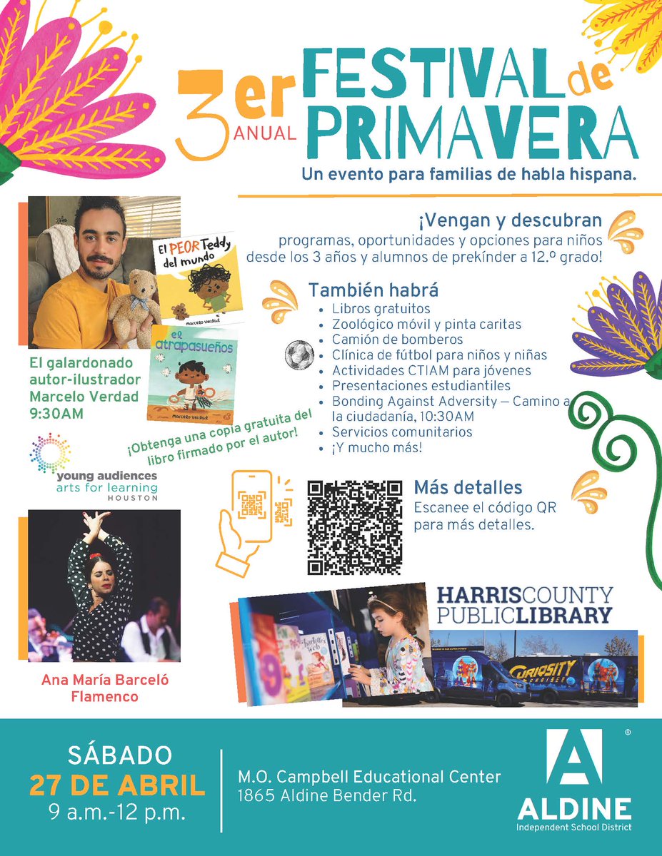 ¡Marquen sus calendarios para el Festival de Primavera el 27 de abril con el autor destacado Marcelo Verdad! ¡Reciba una copia gratuita del libro firmado por el autor! @delgadong94 @Daviseslmatters @DrCarolSalva @ElyGdy @AldineISD @AldineEdFnd @AldineDistrict