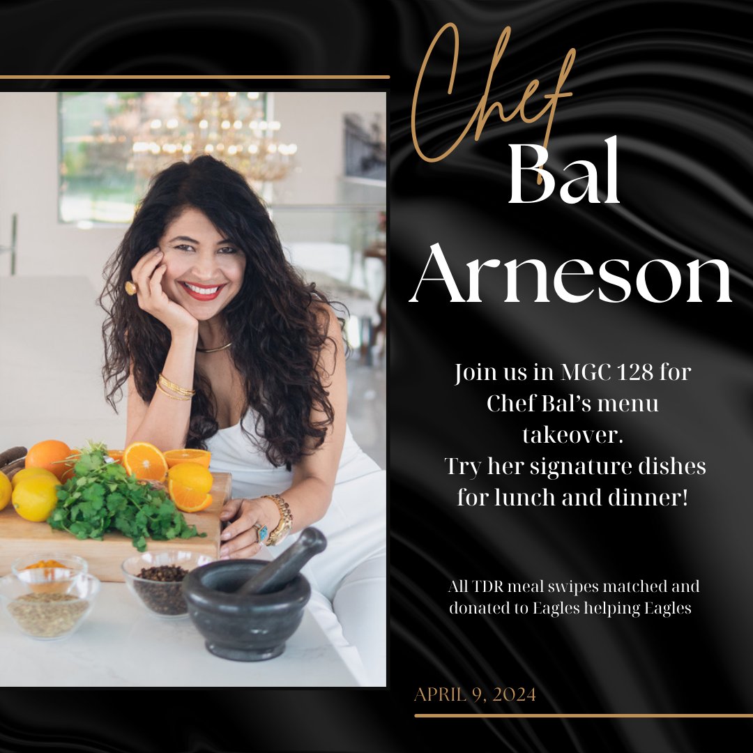 AmericanUDining's tweet photo. Join us for a day of culinary magic! Chef Bal Arneson is taking over TDR for a flavorful feast, and don't miss her exclusive Teaching Kitchen session. Plus, 5% of all sales will help fight food insecurity. See you on April 9th! 

#ChefBalArneson #loveaukitchen #chartwellshighered https://t.co/CaZAIEJuvx