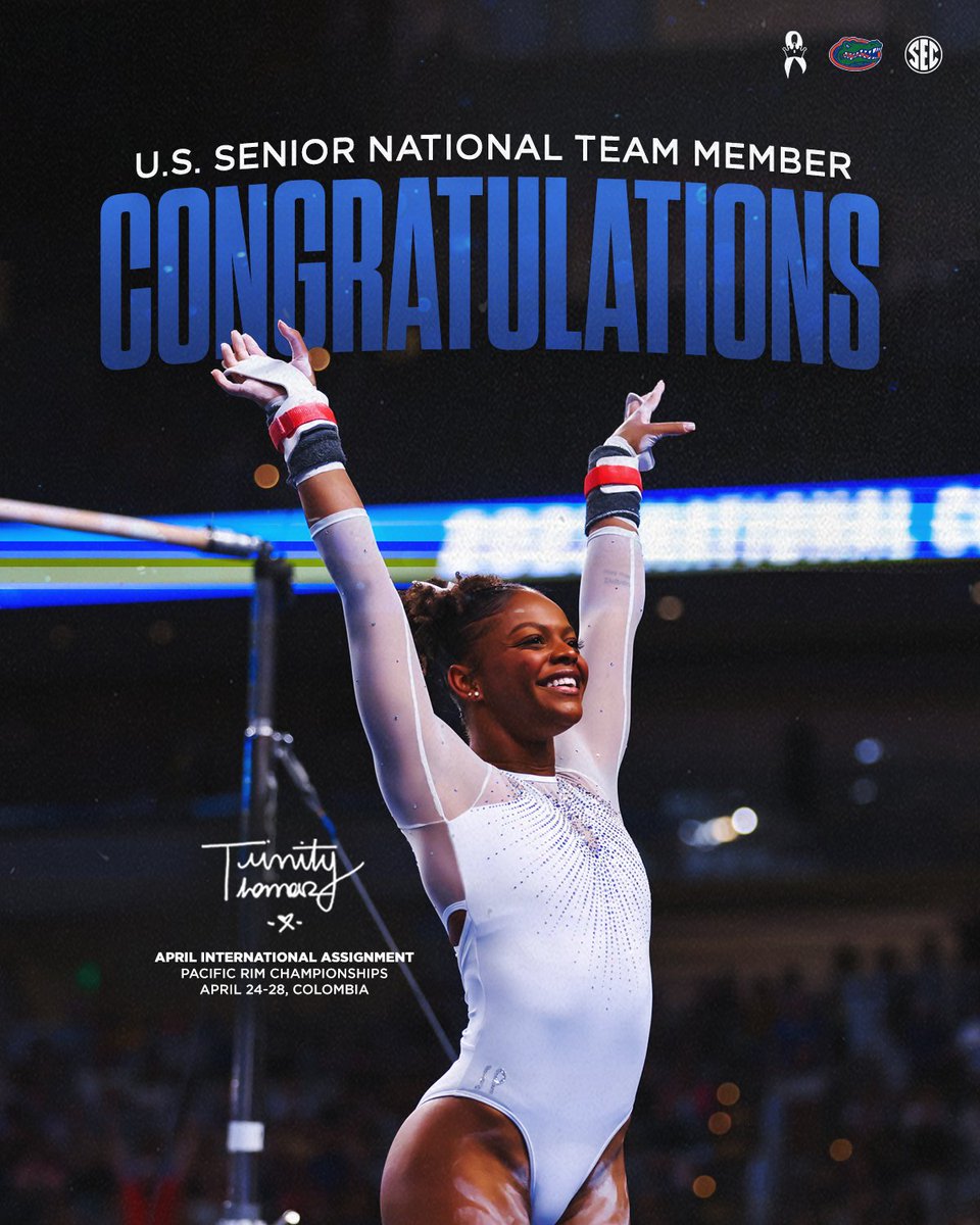 Senior or Señor 😉 - whatever language you chose, 𝗧𝗿𝗶𝗻𝗶𝘁𝘆 𝗧𝗵𝗼𝗺𝗮𝘀 is back on @USAGym Senior National Team! Just named to 🇺🇸 Pacific Rim Championships roster. Congratulations Trin! ✨ 🔗 tinyurl.com/2wrm82xm #GoGators | 🐊🤸🏽‍♀️