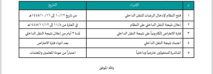 ‼️ الجدول الزمني لحركة النقل الداخلي : ▪️فتح نظام نور لإدخال الرغبات من تاريخ 12-10 إلى 16-10-1445هـ ▪️إعلان نتيجة الحركة في الفترة من 8-11 إلى 12-11-1445هـ ▪️فترة الاعتراضات الكترونيا على نتيجة الحركة لمدة 3 أيام من إعلان النتيجة . ▪️اعتماد نتيجة الحركة بعد انتهاء من فترة…