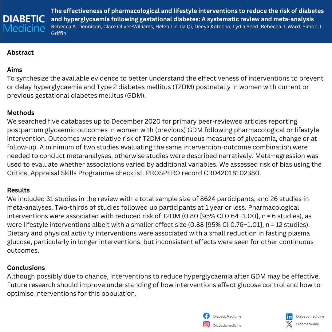 📢#Openaccess article The effectiveness of pharmacological and lifestyle interventions to reduce the risk of #diabetes and #hyperglycaemia following gestational diabetes: A systematic review and meta-analysis by Rebecca A. Dennison et al. 🔗doi.org/10.1111/dme.15…
