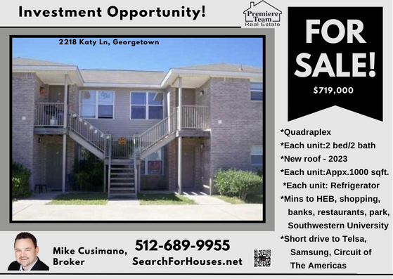 PremiereTeam's tweet image. #forsale #Georgetown #Quadraplex 512-689-9955 #MikeCusimano #PremiereTeamRealEstate *Investor opportunity * Ea. unit 2 bed/2 bath *Appx. 1000 sq ft/ea. unit *Fridge in ea. *New roof 2023  *Mins to #HEB, shopping, restaurants, park #SouthwesternUniversity  PREMIERETEAM.COM