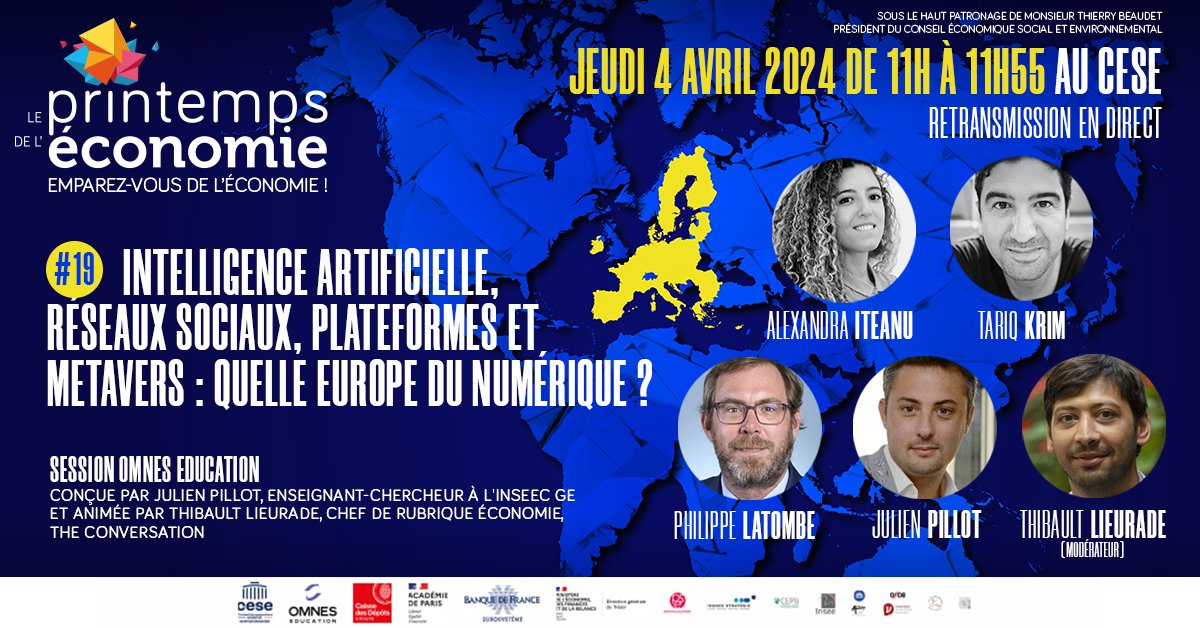 Le Printemps de l'économie (@printempsdeleco) on Twitter photo Intelligence Artificielle, réseaux sociaux, plateformes et Metavers : quelle Europe du numérique ? Session <a href="/recherche_omnes/">OMNES Education Research Center</a> conçue par Julien Pilot et animée par @t_lieurade <a href="/FR_Conversation/">The Conversation France</a>
Alexandra Iteanu, <a href="/tariqkrim/">Tariq KRIM</a>, <a href="/platombe/">Philippe Latombe</a>
EN DIRECT : printemspdeleco.fr/live Intelligence Artificielle, réseaux sociaux, plateformes et Metavers : quelle Europe du numérique ? Session <a href="/recherche_omnes/">OMNES Education Research Center</a> conçue par Julien Pilot et animée par @t_lieurade <a href="/FR_Conversation/">The Conversation France</a>
Alexandra Iteanu, <a href="/tariqkrim/">Tariq KRIM</a>, <a href="/platombe/">Philippe Latombe</a>
EN DIRECT : printemspdeleco.fr/live