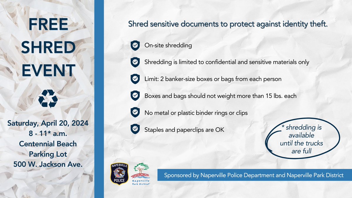 Mark your calendar for this FREE opportunity to shred sensitive documents, which could help protect you from identity theft.