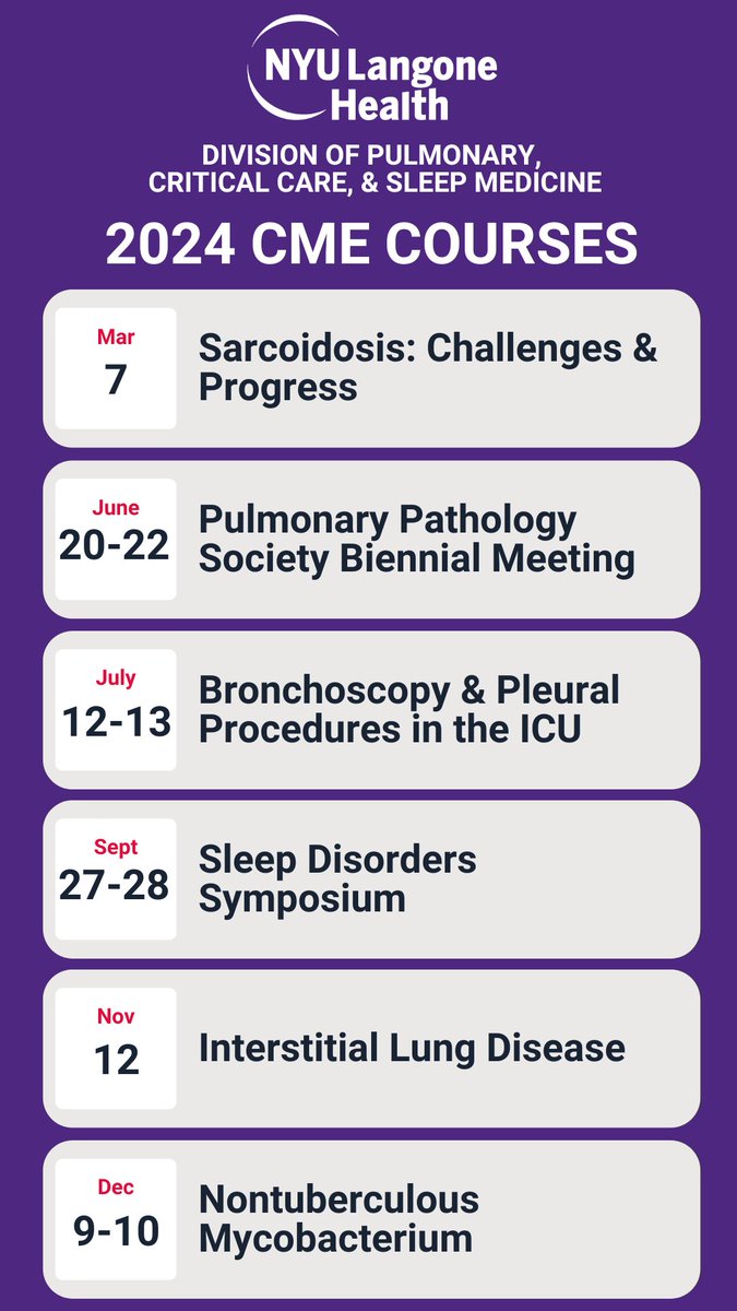 Check out the 2024 CME offerings from @NYULangonePCCSM! See the updated @nyugrossman CME calendar & sign up for updates👉 bit.ly/48gEcqp #Meded #PCCSM #sarcoidosis #bronchiectasis #CriticalCare #Bronchoscopy #pulmonary #lung #sleepmed #ILD