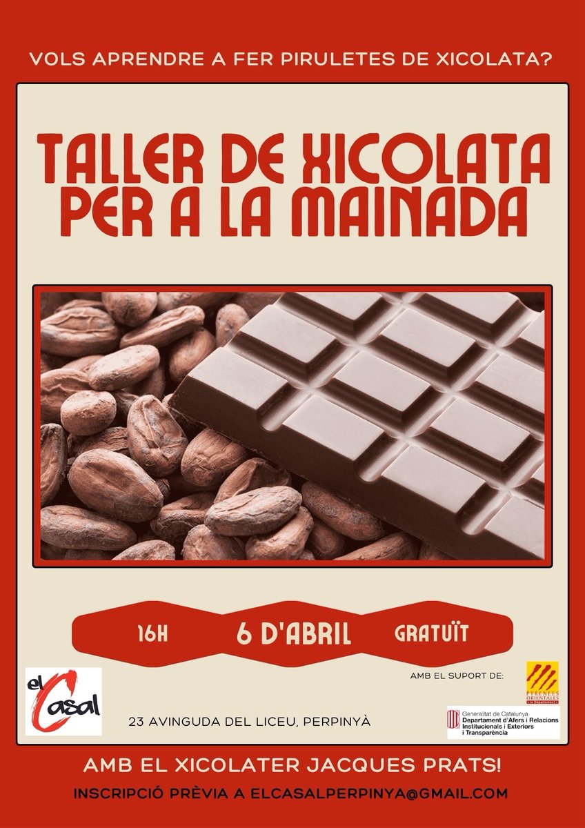 🍫Aquest dissabte taller de xicolata per la mainada 🍫 Vols aprendre a fer piruletes de xicolata❓️🍭 🔹️ Dissabte 16 d'abril a les 16h 🔹️ Gratuït 🔹️ Cal reservar a: elcasalperpinya@gmail.com 🔹️ Al Casal de Perpinyà Vos esperem nombrosos‼️ El Casal el fa la gent 🫂🌱