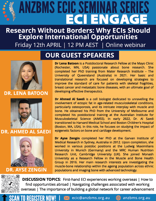 Jason Talevski (@jason_talevski) on Twitter photo Only 1 week left to register for the next session of the <a href="/ANZBMS_ECIC/">ANZBMS ECIC</a> ECI Engage Seminar Series! We have a fantastic line up of speakers sharing their experiences of working overseas. Register your attendance via the QR on the flyer or using this link: url.au.m.mimecastprotect.com/s/J6ASCp81lrt9… Only 1 week left to register for the next session of the <a href="/ANZBMS_ECIC/">ANZBMS ECIC</a> ECI Engage Seminar Series! We have a fantastic line up of speakers sharing their experiences of working overseas. Register your attendance via the QR on the flyer or using this link: url.au.m.mimecastprotect.com/s/J6ASCp81lrt9…