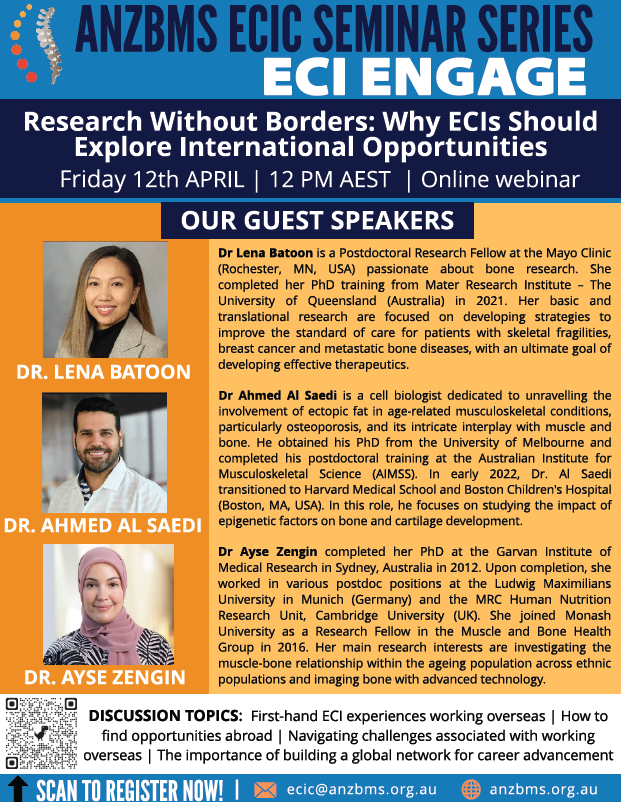 Only 1 week left to register for the next session of the @ANZBMS_ECIC ECI Engage Seminar Series! We have a fantastic line up of speakers sharing their experiences of working overseas. Register your attendance via the QR on the flyer or using this link: url.au.m.mimecastprotect.com/s/J6ASCp81lrt9…