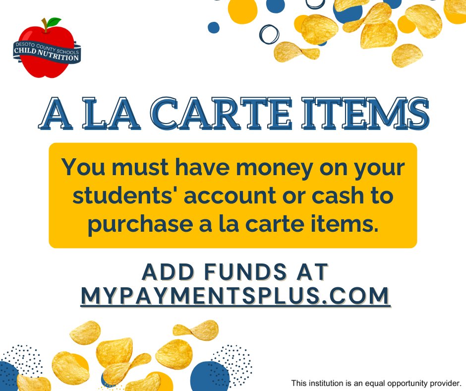 Add funds to your student's meal account at mypaymentsplus.com/welcome and treat them to some of our delicious a la carte options. 🍪 ✨ @DCSeNews #TeamDCS