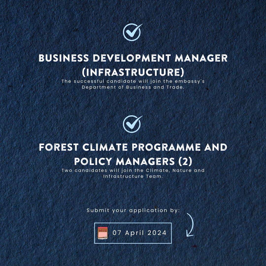 #JobOpportunities We have job openings available to join different teams at the embassy. Check out all the details in the links. Find the links here 👇 Climate, Nature and Infrastructure - bit.ly/43ybIam Department of Business and Trade - shorturl.at/cvUX2