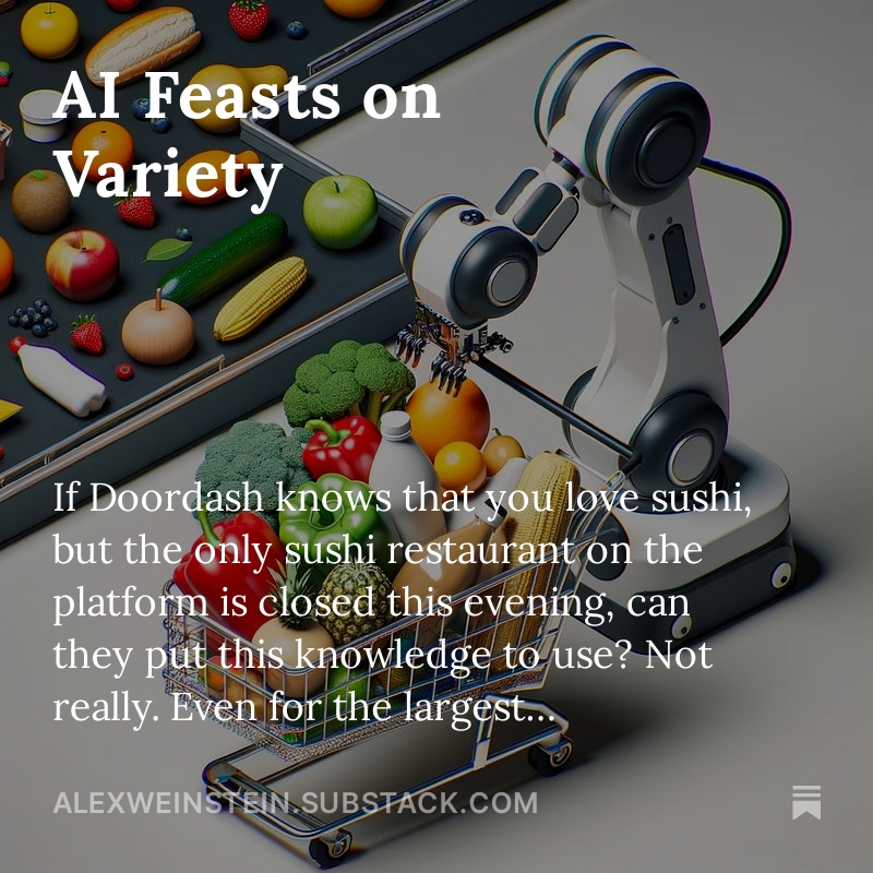 Minimum Viable Selection: a concept we ought to talk about in the context of AI. If you're not offering enough choice to your customers, does AI really provide value? 

New blog post.

open.substack.com/pub/alexweinst…