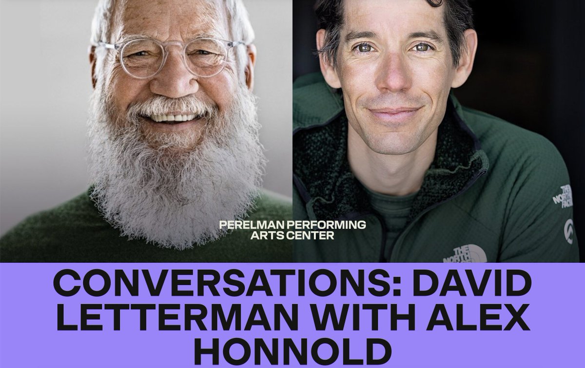 JUST ANNOUNCED: On Thursday, April 25 at 7pm, David Letterman brings his trademark dry humor, irreverence, and sincere curiosity to PAC NYC for an unforgettable evening of conversation with rock climbing phenom, Alex Honnold. 
BUY TICKETS HERE: pacnyc.org/whats-on/conve…
