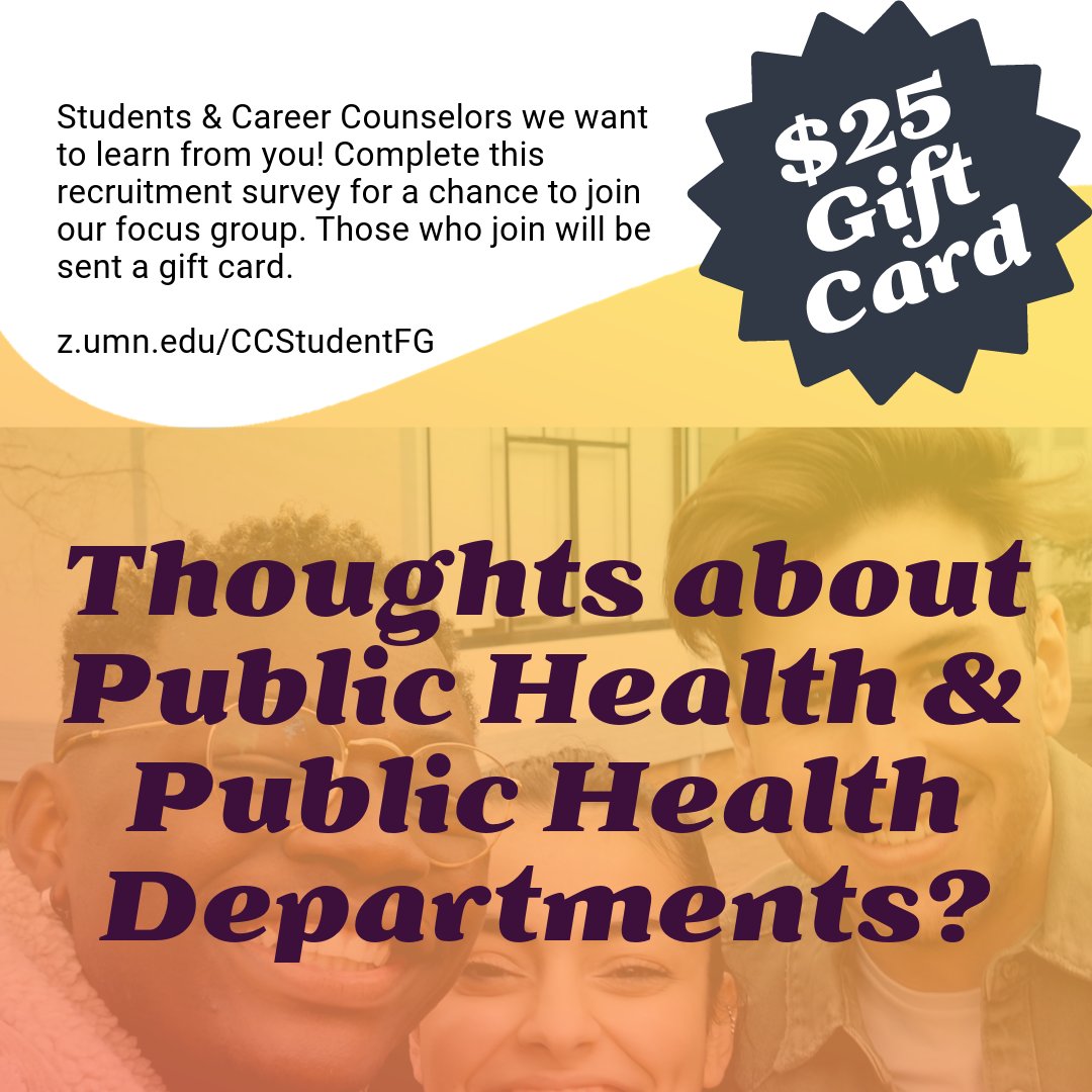 Students and career counselors! We're seeking your insights on public health and health departments. z.umn.edu/CCStudentFG. If you're selected for a focus group, a $25 gift card is yours. 🌟
<a href="/NACCHOalerts/">NACCHO</a>
#PublicHealth #HealthDepartments #Survey #FocusGroup #OpinionsWelcome