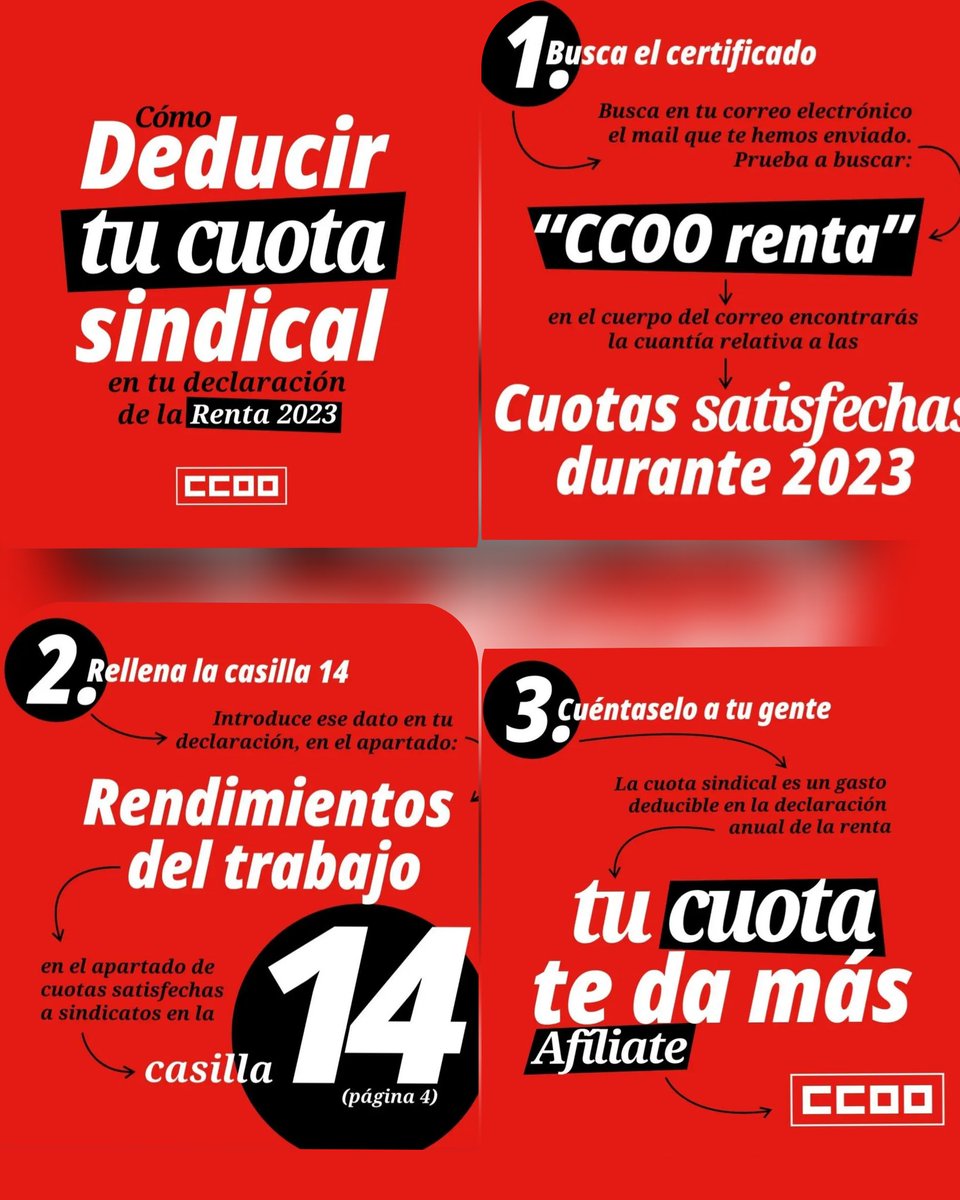 Ccoo_FH_ciempo's tweet photo. Hoy empieza la Campaña de la #renta2023,
Aquí os dejamos las fechas para realizarla y lo ➕ importante los pasos a seguir si eres afiliad@.
#Deduce tu cuota #sindical #ccoo #afiliate #ccoosindicatoútil
💻: el 3 de abril
📞: el 7 de mayo s
Presencial: 3de junio
@CCOOSanidadMad https://t.co/te48di1XMH