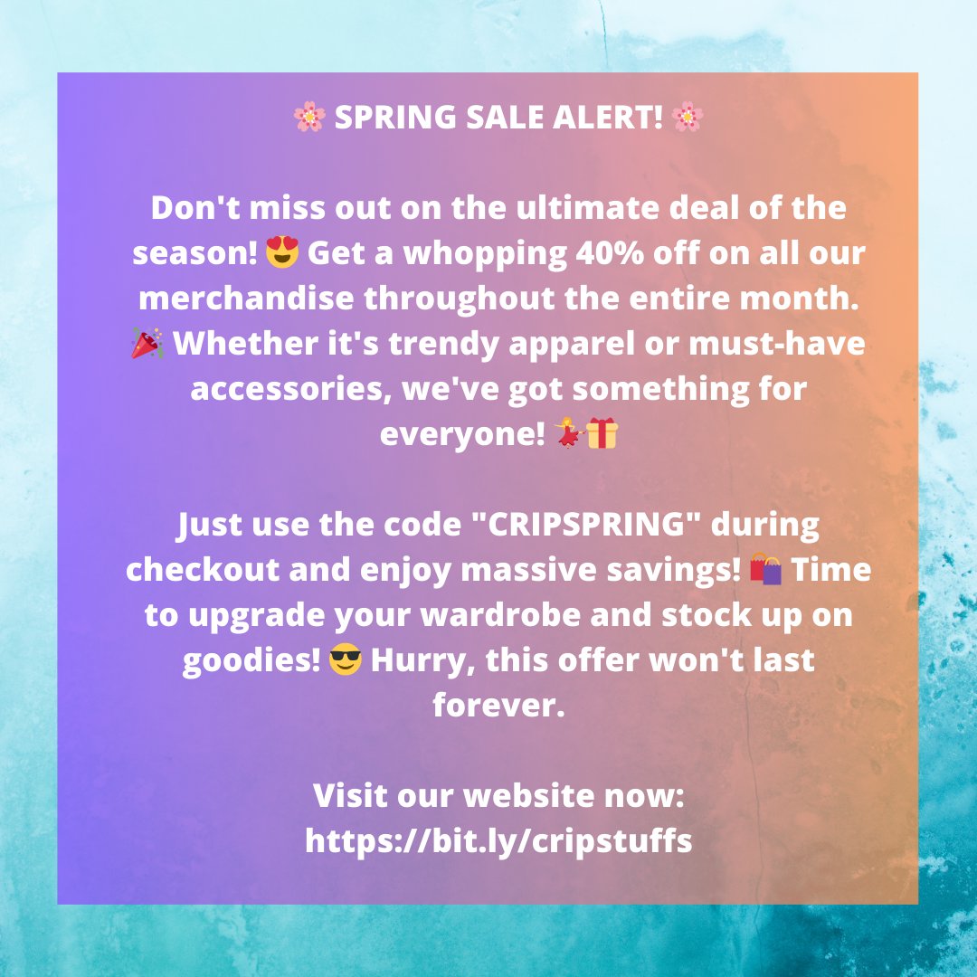 crippingupsex's tweet image. 🌸 SPRING SALE ALERT! 🌸

Just use the code "CRIPSPRING" during checkout and enjoy massive savings! 🛍️ Time to upgrade your wardrobe and stock up on goodies!  Hurry, this offer won't last forever.

Visit our website now: bit.ly/cripstuffs

#SpringSale #40PercentOff #ShopNow