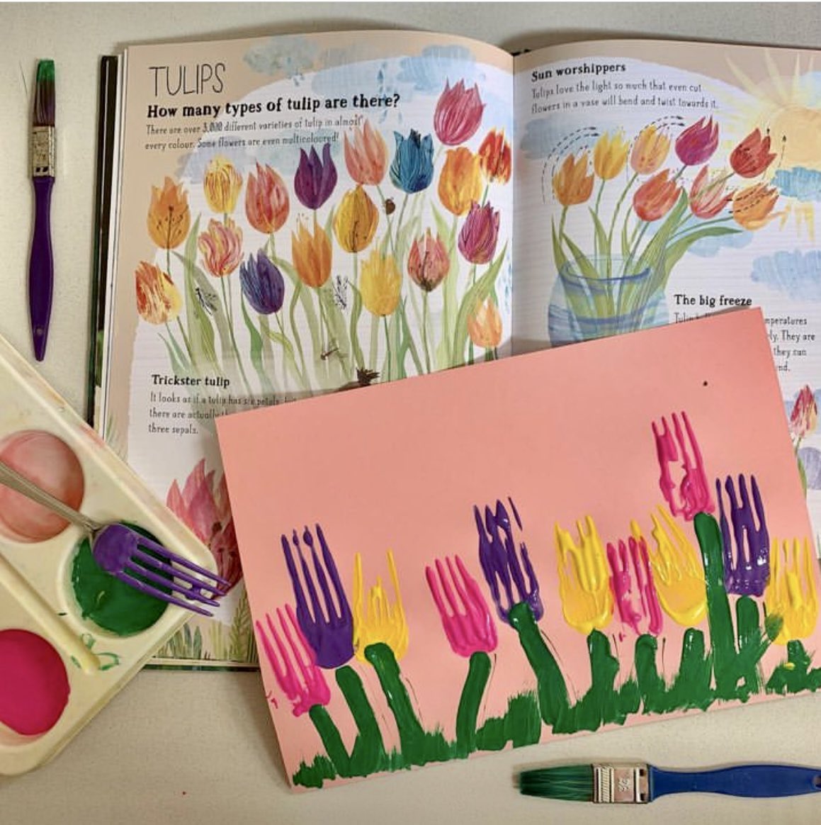 Spring is springing people! 🌷 Here are the ‘fork art tulips’ sent by junior artist Jim 😍👏🏼 #TheBigBookOfBlooms #bigbookskidart #EveryChildIsAnArtist #blooms