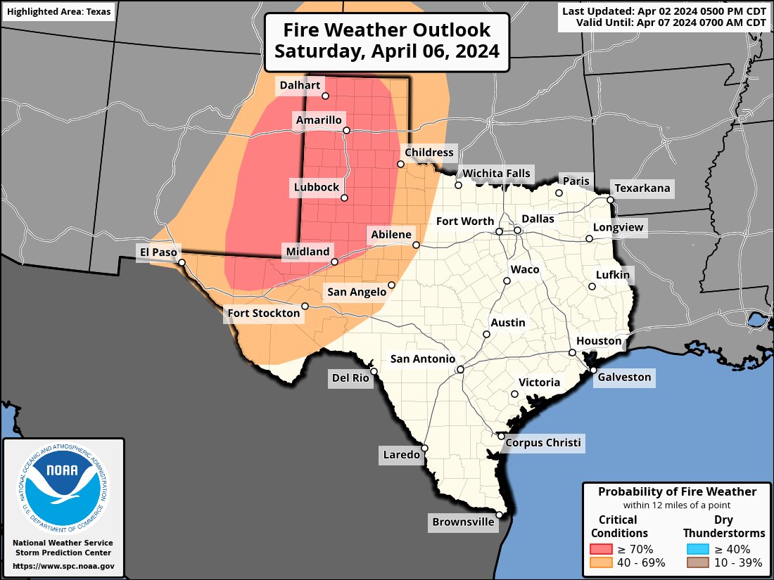 🔥Dry and windy conditions in the Panhandle, South Plains, and West Texas could lead to critical fire danger this weekend.🔥 📲Stay vigilant and informed— track the weather and ensure you have a plan. ✅Safety First: shorturl.at/agjnD #txwx