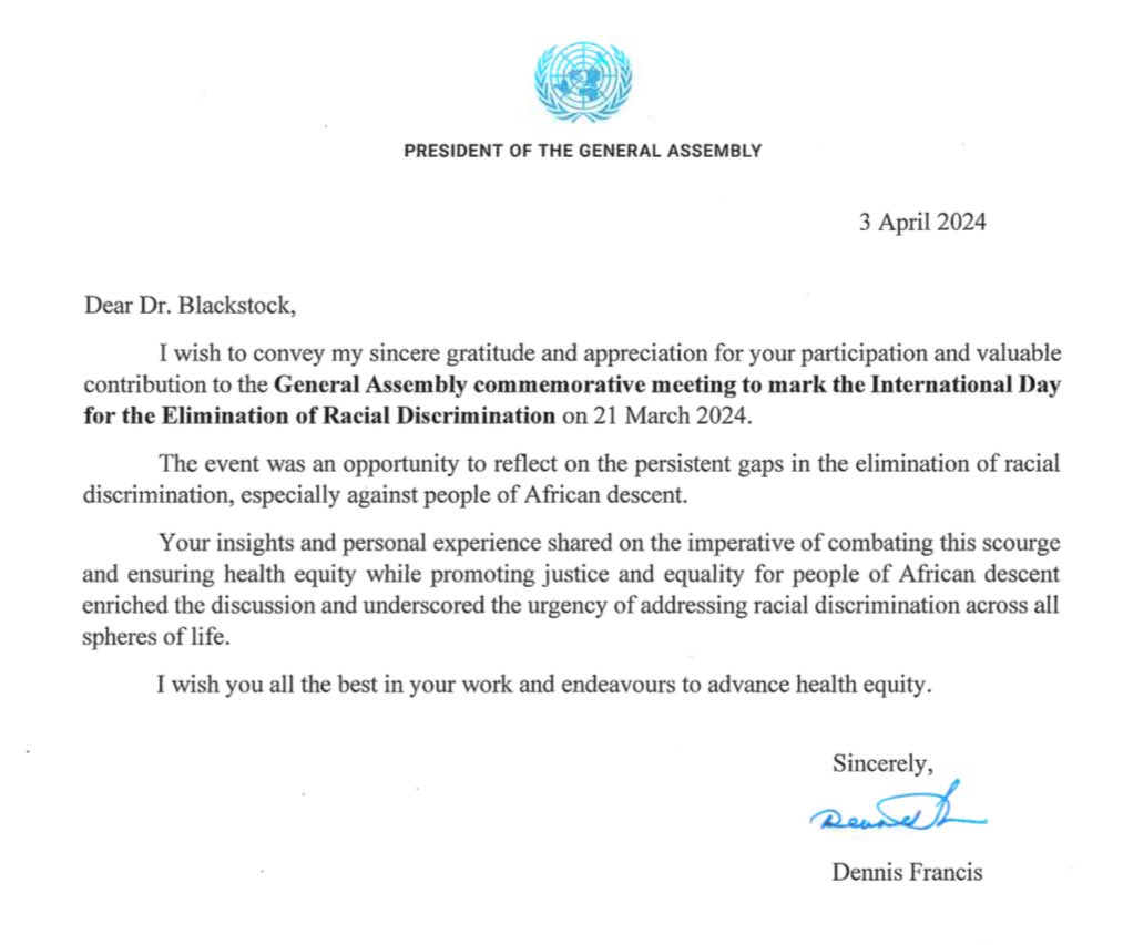 5 years ago, I founded my consulting firm Advancing Health Equity. 4 years ago, I made a leap of faith and left my career in academic medicine. I was scared. So scared, but I stayed the course. Today, I received a thank you note from the @UN’s President of the General Assembly.