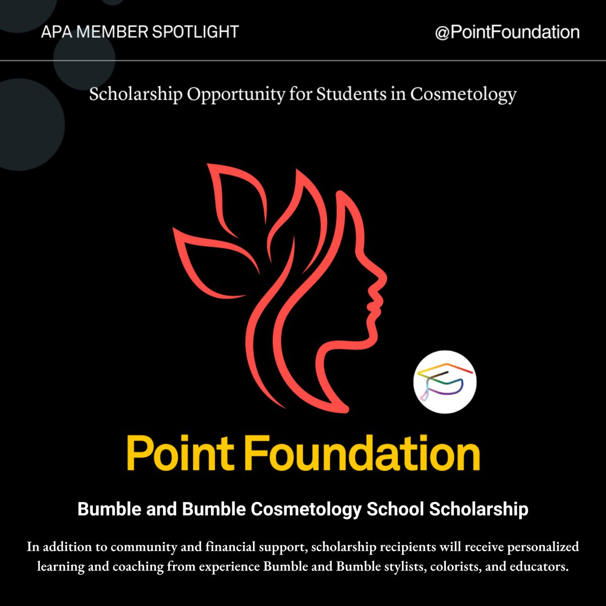 The @PointFoundation will award students $4,800 per academic year to study cosmetology in partnership with @Bumbleandbumble. Share with your students to apply this week, before April 10: bit.ly/3xovN7j