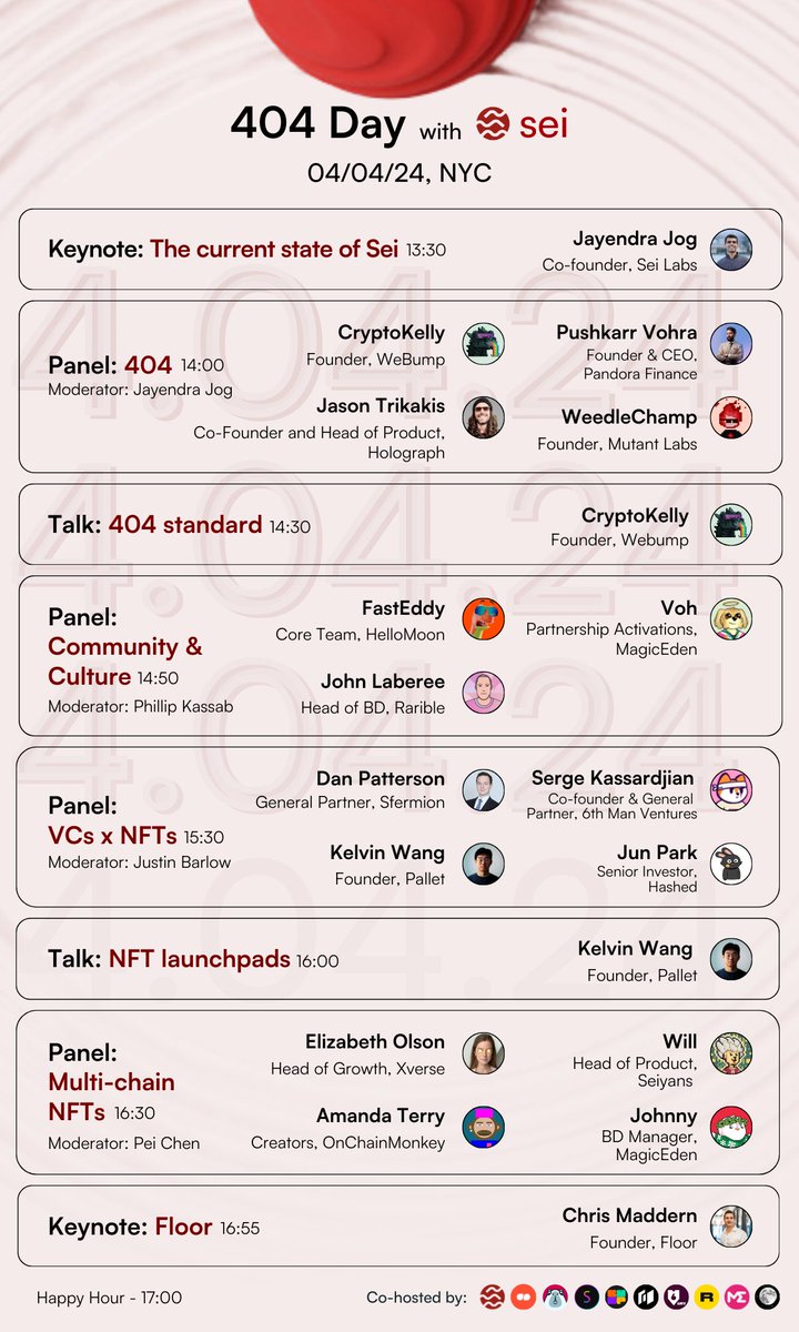 SeiNetwork's tweet image. Join us tomorrow for the first-ever 4️⃣ 0️⃣ 4️⃣ day on 4/04 during NFT NYC!
Here's the exciting lineup of our speakers and panelists for the event, with a special keynote by @jayendrajog. Come discuss all things NFTs with us over food and drinks.
RSVP here: lu.ma/ERC404Day