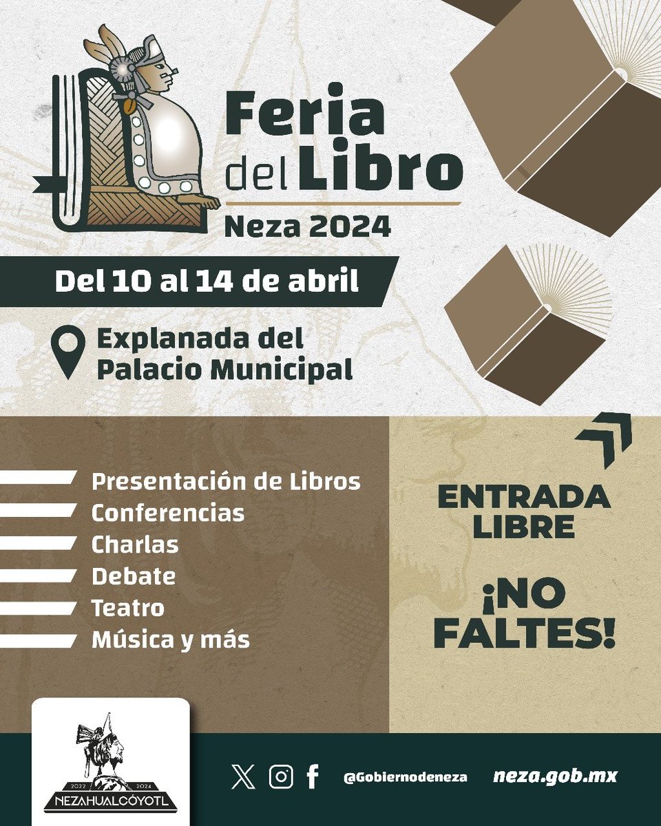 Con mucho gusto presentamos la 8va. edición de la #FeriaDelDibro #Neza2024, que se realizará del 10 al 14 de abril en la Explanada del Palacio Municipal, en un horario de 10 a 20 hrs. con un sin fin de actividades y una gran variedad de títulos a precios accesibles para todas y…