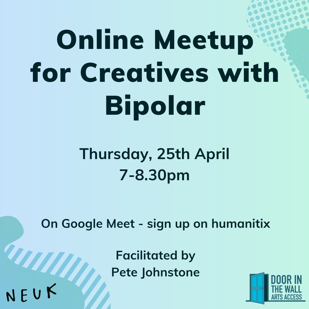 📢 Meetup for Creatives with Bipolar Our next meetup is Thursday 25th April, 7-8.30pm Free and open to creatives with bipolar from across the UK! Led by @pjohmusic Sign up: events.humanitix.com/neuk-meet-up-f…