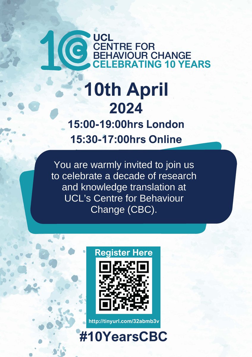 🎉 Less than a week until the Centre for Behaviour Change (CBC) 10th Anniversary Event! 🎈 Limited spots available - secure yours now for an unforgettable celebration of a decade of impactful research and innovation! #10YearsCBC Register today: ucl.ac.uk/behaviour-chan…