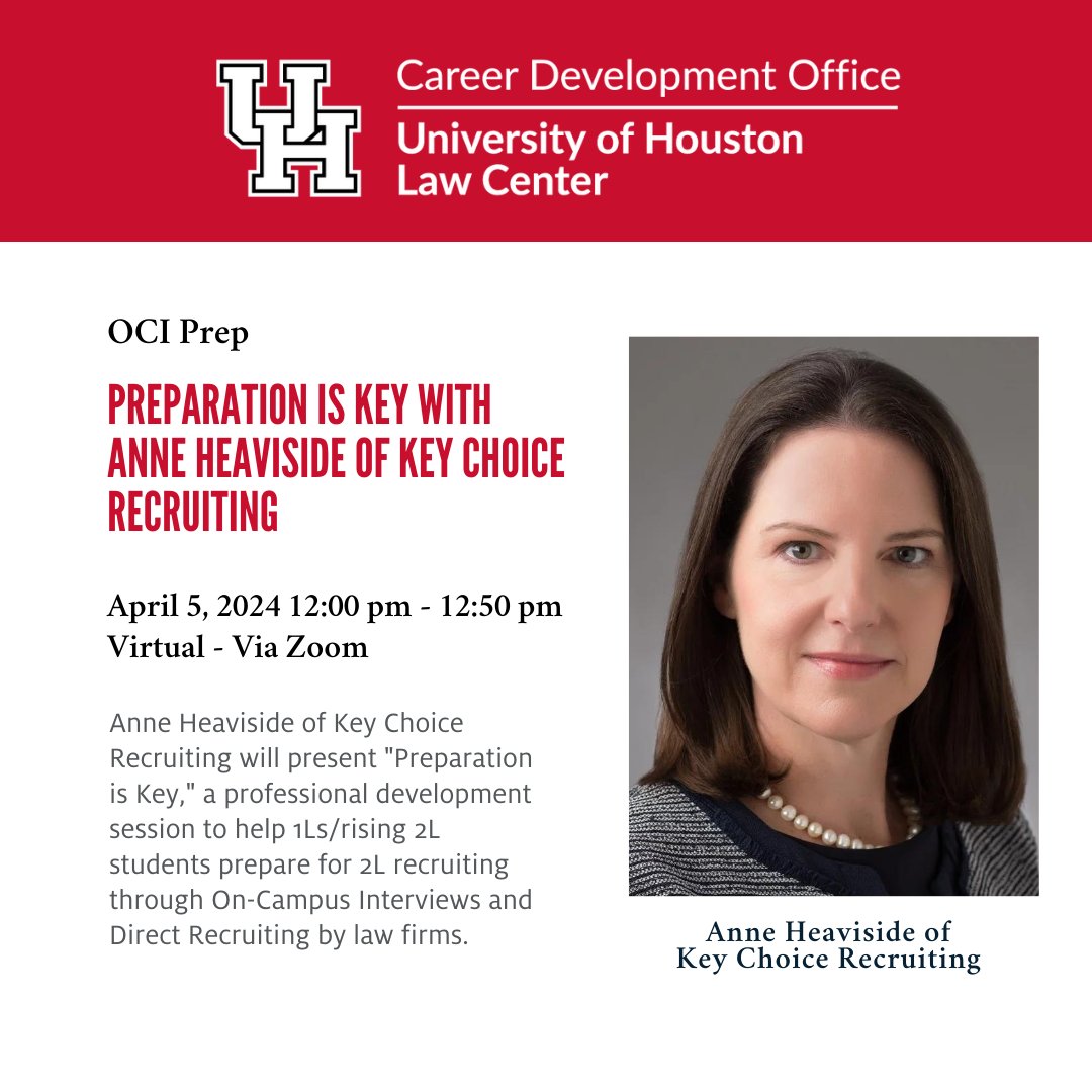 Join us April 5th as Anne Heaviside of Key Choice Recruiting presents 'Preparation is Key,' a professional development session to help 1Ls/rising 2L students prepare for 2L recruiting through On-Campus Interviews and Direct Recruiting by law firms! loom.ly/Dgub0Qc