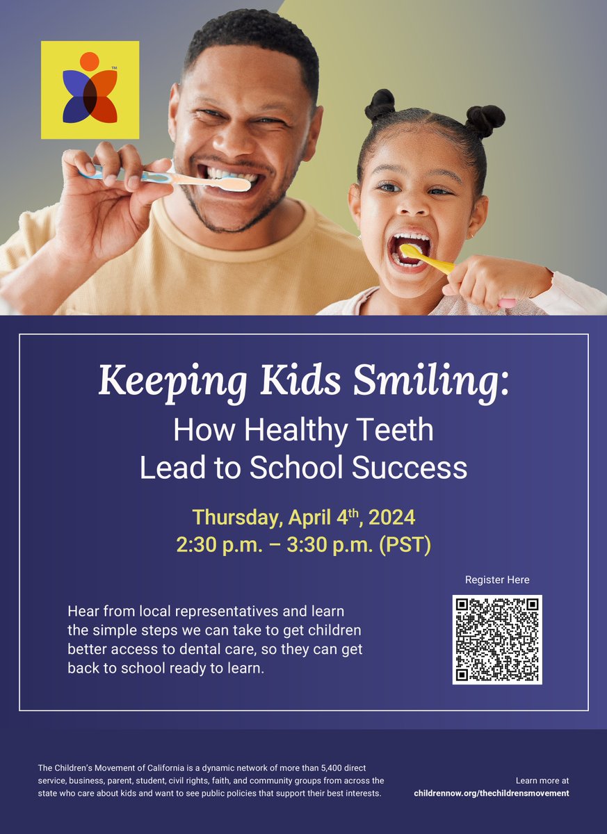 The Children's Movement's "Keeping Kids Smiling" webinar is just 1 day away!

You’ll walk away with concrete steps you can take to help improve the oral health of children in your community. Register today and we'll see you tomorrow! bit.ly/4acr6M7