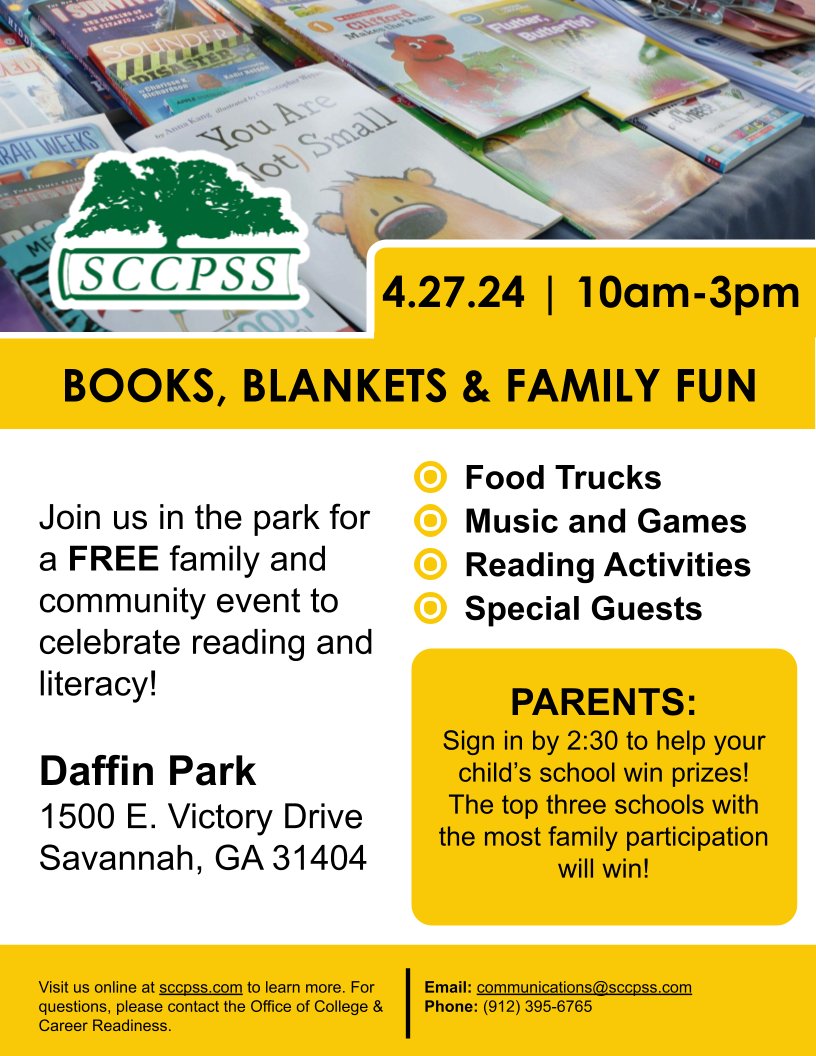 It's almost time for one of our favorite events of the year! 📚🎈 Join us for Books, Blankets, and Family Fun on Saturday, April 27th, from 10:00 a.m. to 3:00 p.m. at Daffin Park! The top three schools with the most family engagement will win a special prize!