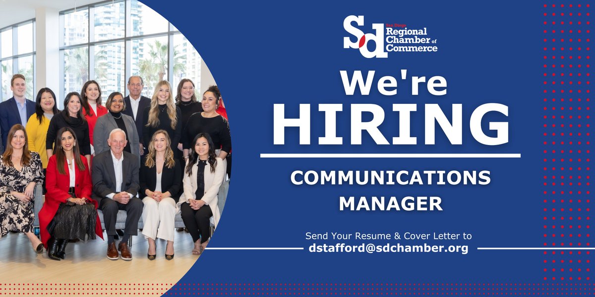 We're Hiring!🚀Apply to join the Chamber Team as our Communications Manager. If you're passionate about storytelling, community engagement, and driving meaningful connections, we want to hear from you! Learn More & Apply: sdchamber.org/about/careers/ #SanDiego #JoinOurTeam