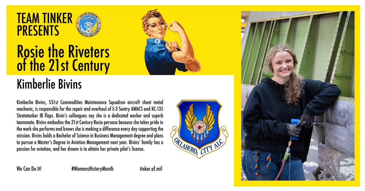 💪We have more 'Rosies' than we could highlight during March Women's History Month! This afternoon's spotlight is on Kimberlie Bivins from the 551st CMMXS! #TeamTinker | #RosietheRiveter | #WeCanDoIt | #21stCenturyRosietheRiveters