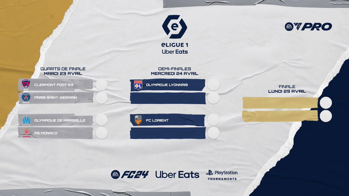 🚨 Voici le bracket des playoffs, rdv le 23/04 pour le début des 1/4 de finale ! ⚔️ @CF63_eSports - @PSGeSports ⚔️ ⚔️ @OM_Esport_ - @ASMonacoEsports ⚔️ #eLigue1UberEats