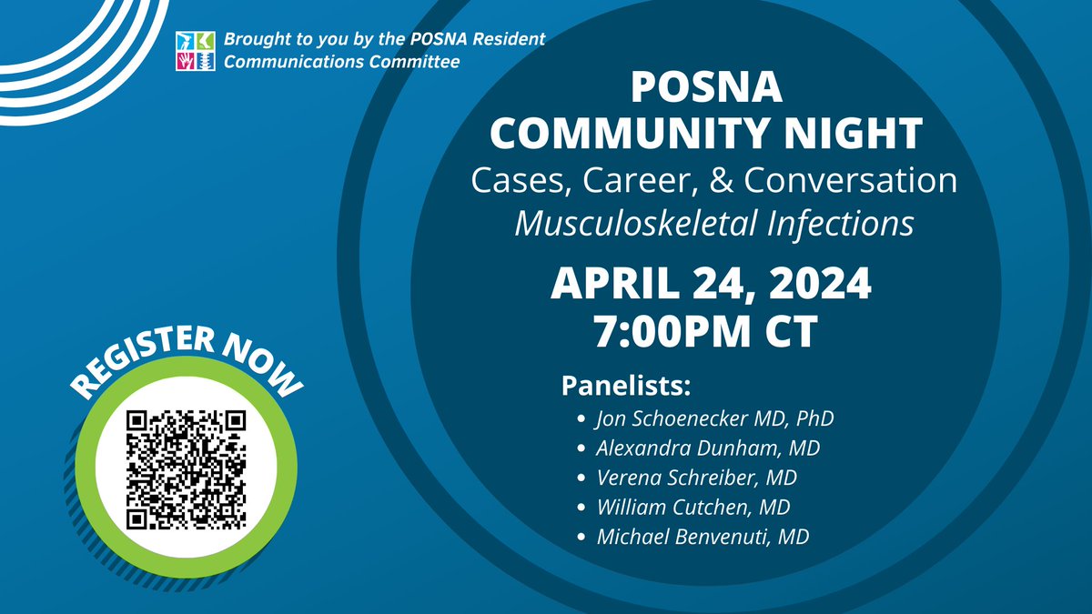 Join the Resident Communications Committee on Wednesday, April 24 at 7:00PM to discuss cases, career and conversation: Musculoskeletal Infections Register now: bit.ly/4cEnO67 #posna #pediatricorthopaedics #residentcommunications #MusculoskeletalInfections