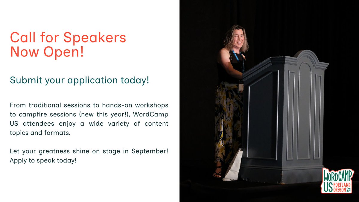 The WordCamp US 2024 Call for Speakers is Now Open! Bring your voice - and your brilliance - to the stage this September in Portland, Oregon. We're looking for pitches across a wide range of topics and can't wait to hear from you. Apply today! us.wordcamp.org/2024/apply/ #WCUS