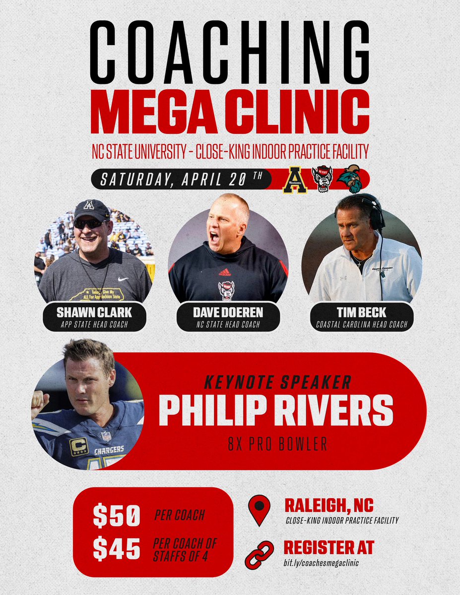 HS coaches lock in Saturday, April 20th - take advantage of this awesome opportunity to spend a Saturday getting incredible access to some great coaches from @AppState_FB + @CoastalFootball + @PackFootball along with Wolfpack legend Philip Rivers!! bit.ly/coachesmegacli…