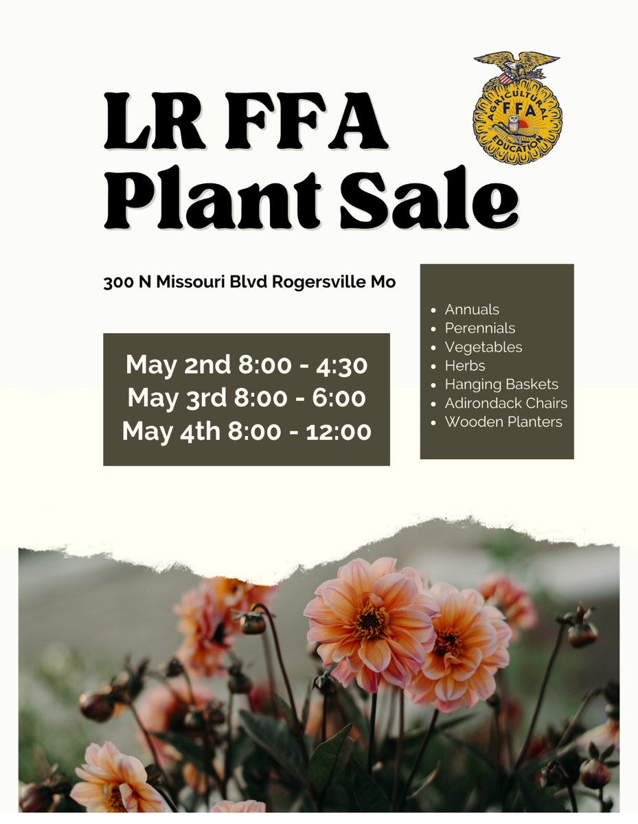 Mark your calendars! LR FFA Plant Sale is coming up! #WeAreLR