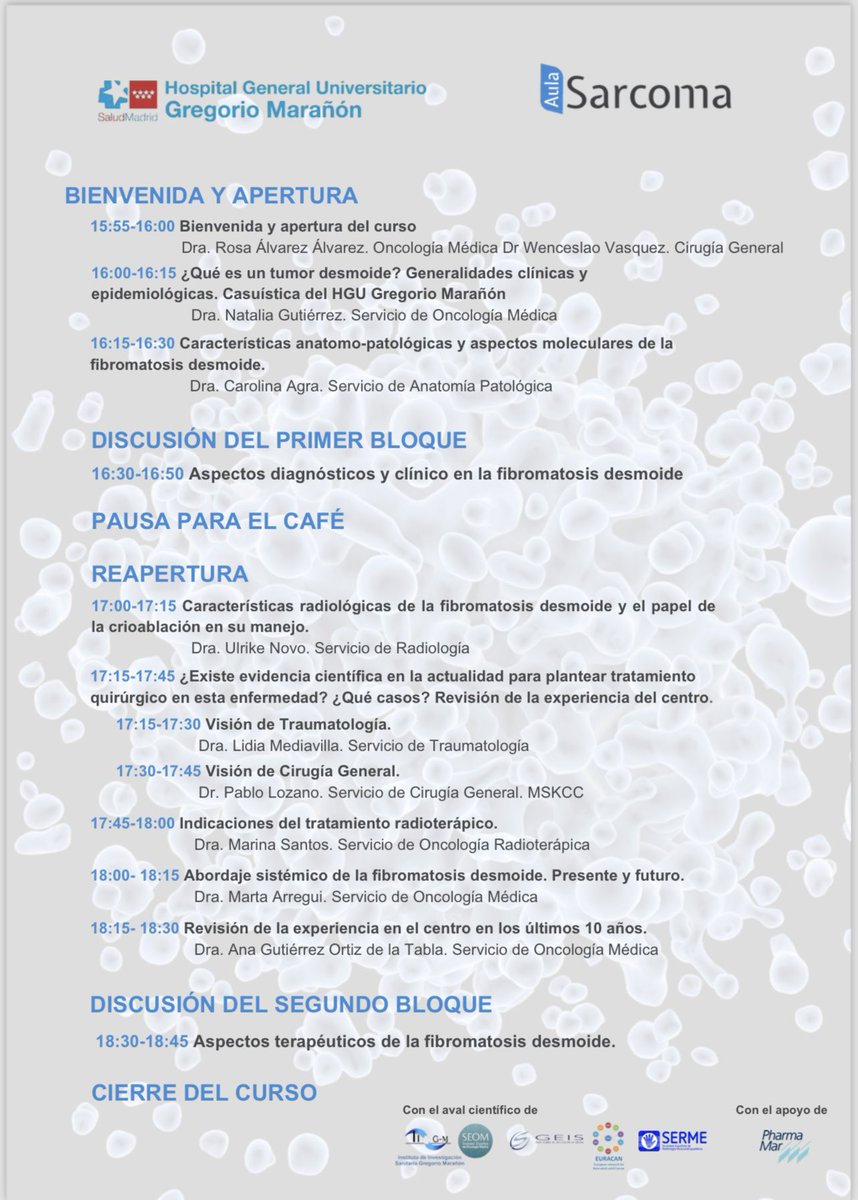 Como Centro de referencia Nacional tenemos la responsabilidad de impulsar la formación y la investigación en sarcomas. El próximo día 16 os esperamos en nuestro hospital para actualizarnos en el manejo de los tumores desmoides. @SarcomasAEC @SarcomasHGUGM @GrupoGeis @SelnetH2020