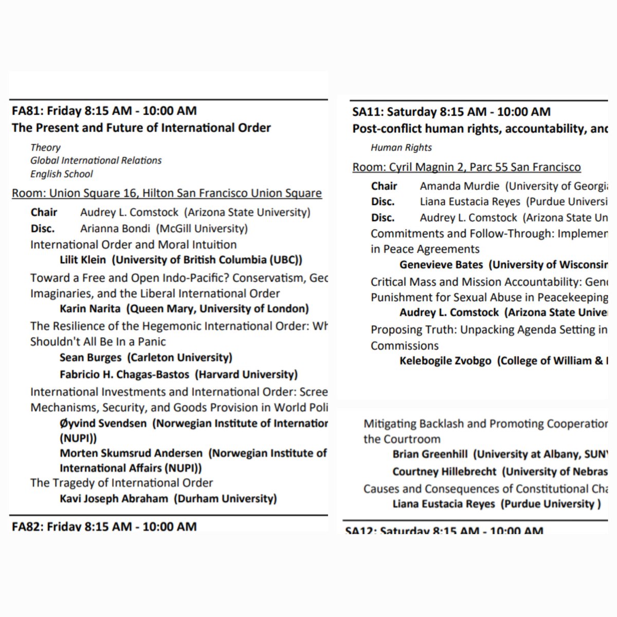 Audrey Comstock (@audreycomstock7) on Twitter photo Good thing I'm a morning person! Join my #isa2024 panels bright and early Friday&Saturday AM on international order and human rights&conflict. With some great folks and projects <a href="/OyvindSvendsen/">Øyvind Svendsen</a> <a href="/genbates/">Genevieve Bates</a> <a href="/kelly_zvobgo/">Dr. Kelebogile Zvobgo (she/her)</a> <a href="/LianaEustacia/">Liana Eustacia Reyes, J.D., Ph.D.</a> <a href="/c_hillebrecht/">Courtney Hillebrecht</a> and more Good thing I'm a morning person! Join my #isa2024 panels bright and early Friday&Saturday AM on international order and human rights&conflict. With some great folks and projects <a href="/OyvindSvendsen/">Øyvind Svendsen</a> <a href="/genbates/">Genevieve Bates</a> <a href="/kelly_zvobgo/">Dr. Kelebogile Zvobgo (she/her)</a> <a href="/LianaEustacia/">Liana Eustacia Reyes, J.D., Ph.D.</a> <a href="/c_hillebrecht/">Courtney Hillebrecht</a> and more