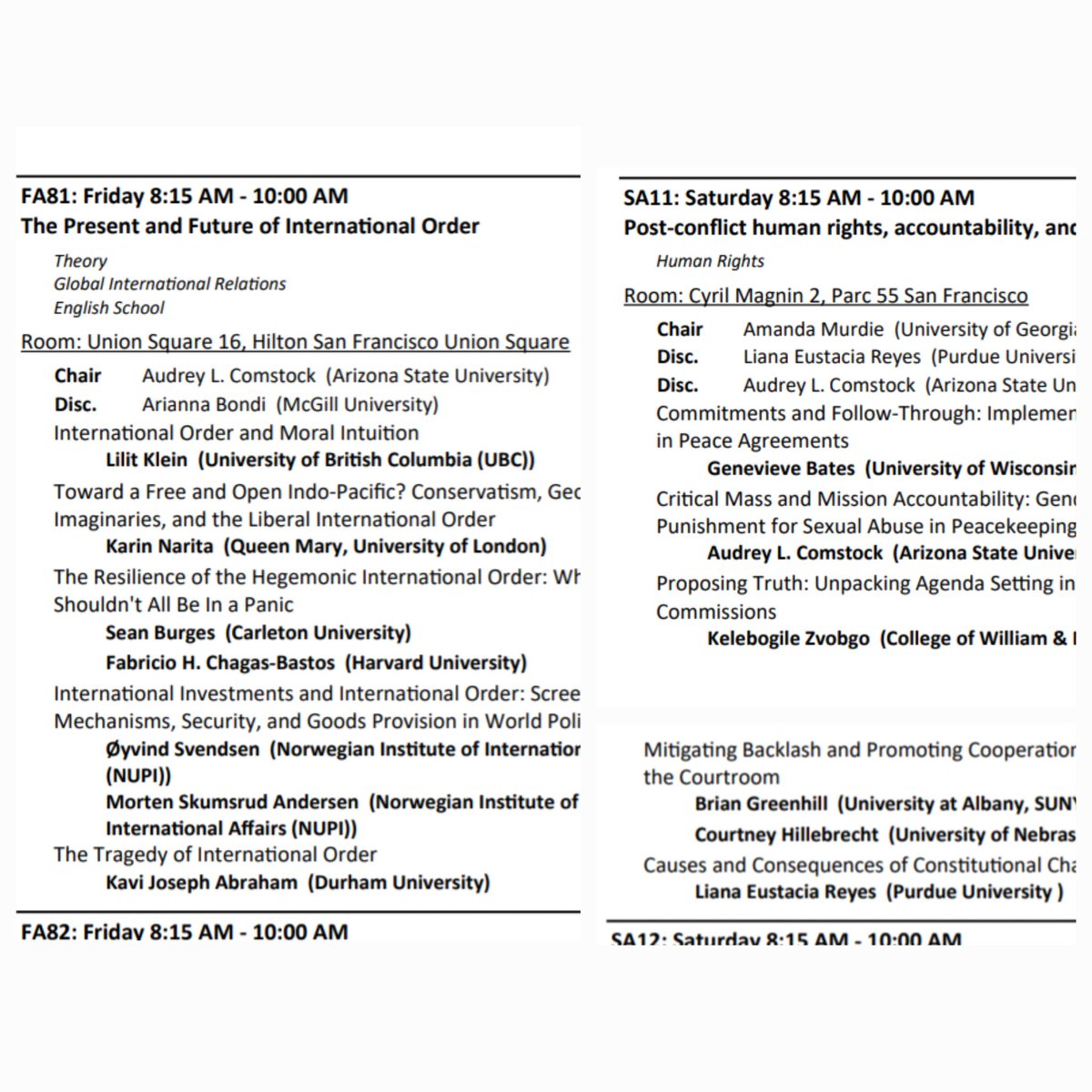 Good thing I'm a morning person! Join my #isa2024 panels bright and early Friday&Saturday AM on international order and human rights&conflict. With some great folks and projects @OyvindSvendsen @genbates @kelly_zvobgo @LianaEustacia @c_hillebrecht and more